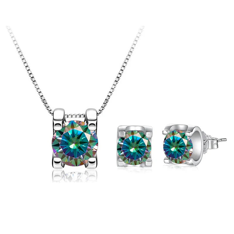 3ct D-Color Moissanite Necklace & Earrings Set Sterling Silver 925 Bridal Gift rainbow 1ct each