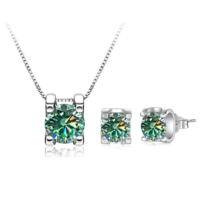 3ct D-Color Moissanite Necklace & Earrings Set Sterling Silver 925 Bridal Gift blue green 1ct each