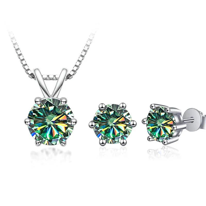3Ct Moissanite Necklace Earrings Set 925 Sterling Silver GRA Cert Wedding 1.0CT per stone blue green
