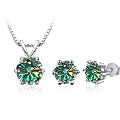 3Ct Moissanite Necklace Earrings Set 925 Sterling Silver GRA Cert Wedding 1.0CT per stone blue green