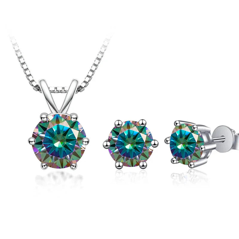 3Ct Moissanite Necklace Earrings Set 925 Sterling Silver GRA Cert Wedding 1.0CT per stone rainbow