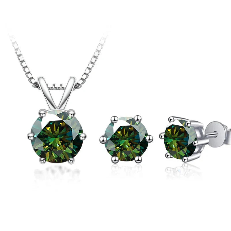 3Ct Moissanite Necklace Earrings Set 925 Sterling Silver GRA Cert Wedding 1.0CT per stone dark green