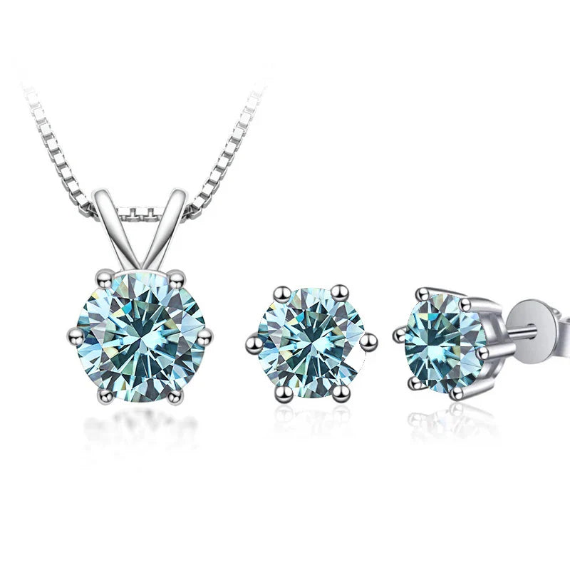 3Ct Moissanite Necklace Earrings Set 925 Sterling Silver GRA Cert Wedding 1.0CT per stone blue