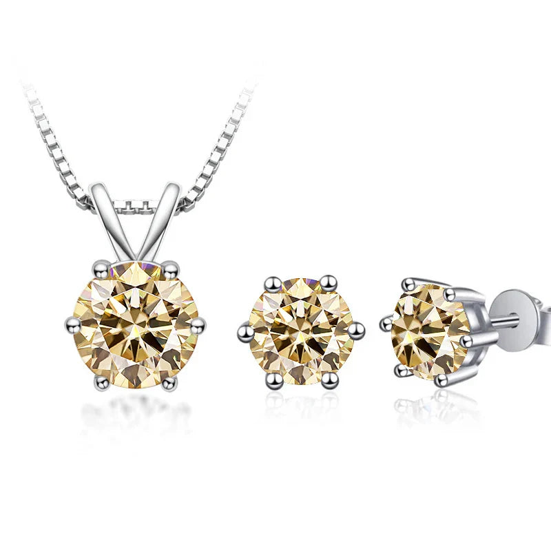 3Ct Moissanite Necklace Earrings Set 925 Sterling Silver GRA Cert Wedding 1.0CT per stone light yellow