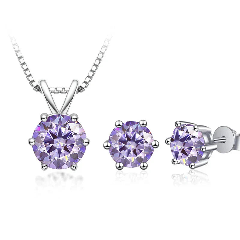 3Ct Moissanite Necklace Earrings Set 925 Sterling Silver GRA Cert Wedding 1.0CT per stone light purple