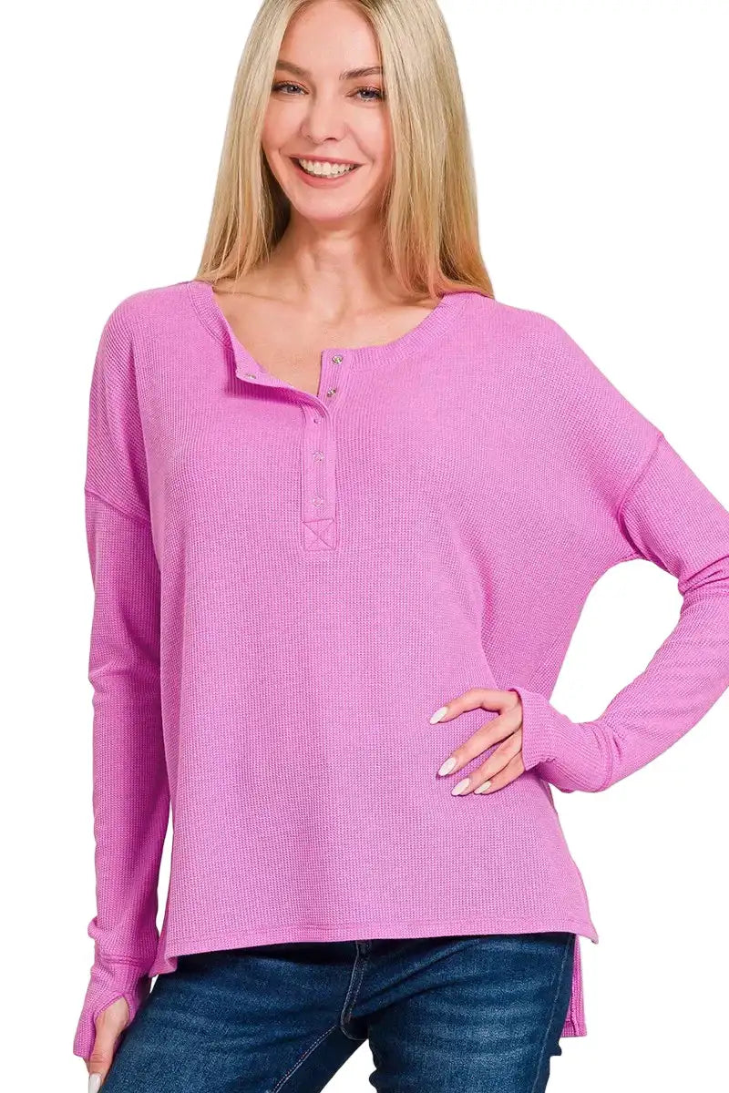 Zenana Waffle Thumb Hole Cuffs Henley Tee BRIGHT MAUVE