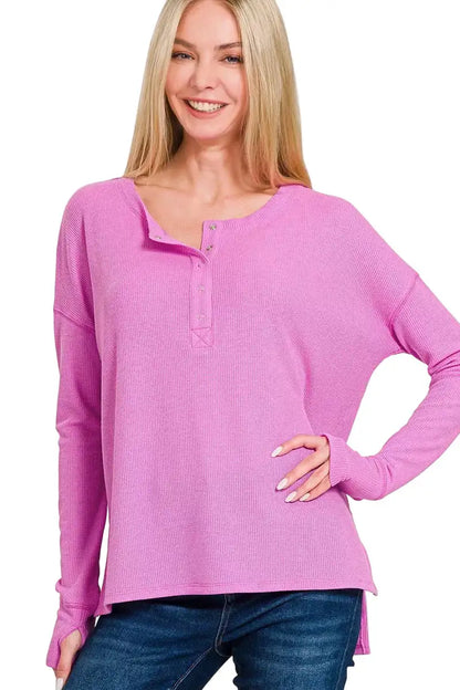 Zenana Waffle Thumb Hole Cuffs Henley Tee BRIGHT MAUVE