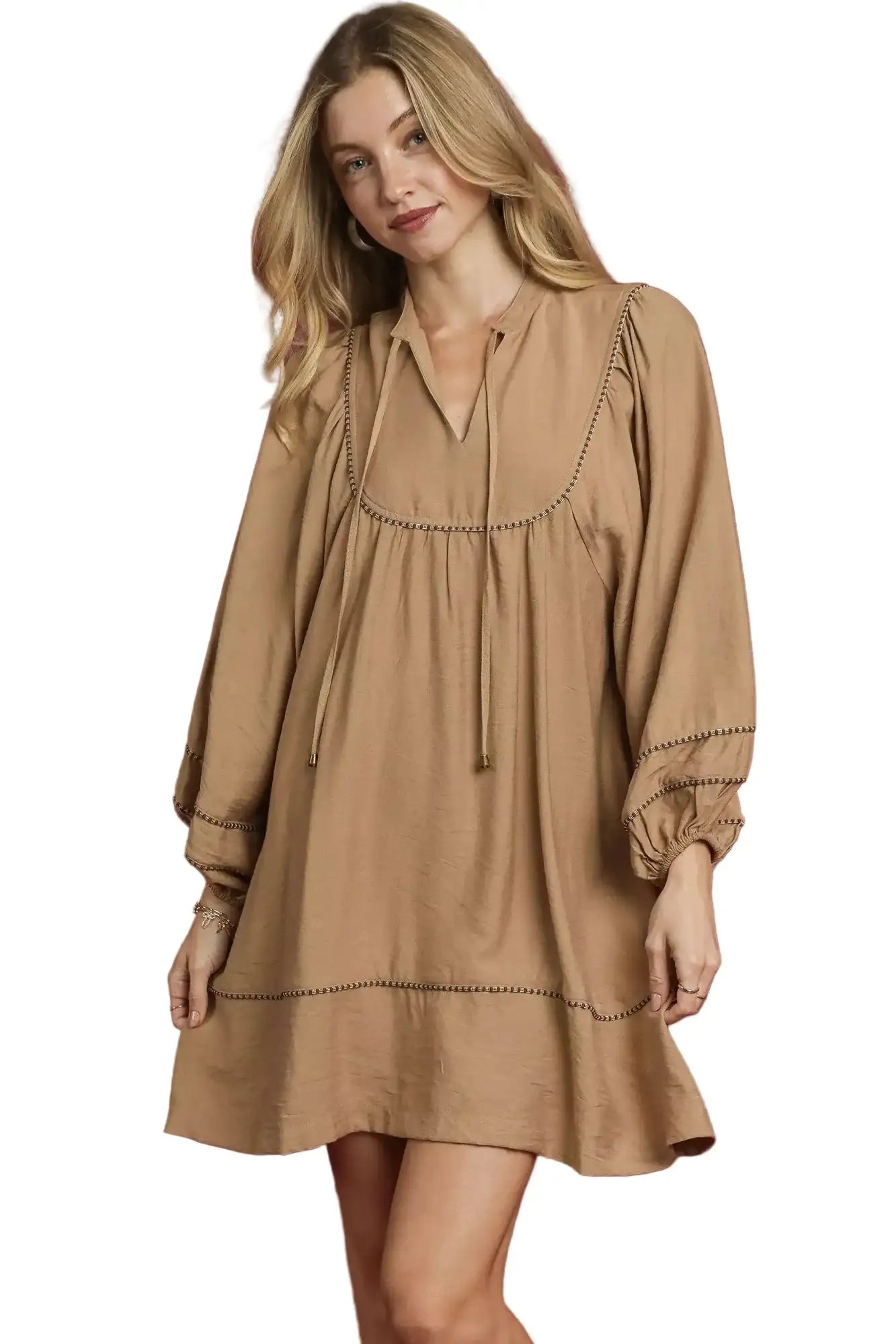 Umgee Boho Peasant Mini Dress with Trim Detail LATTE