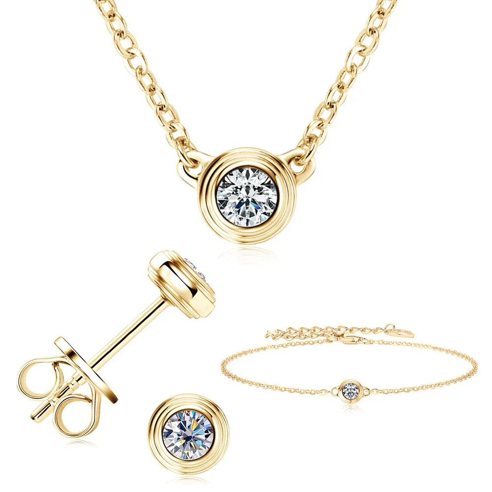 3mm Moissanite Jewelry Set 925 Sterling Silver Necklace Bracelet Stud Earrings Yellow Gold Colored Silver