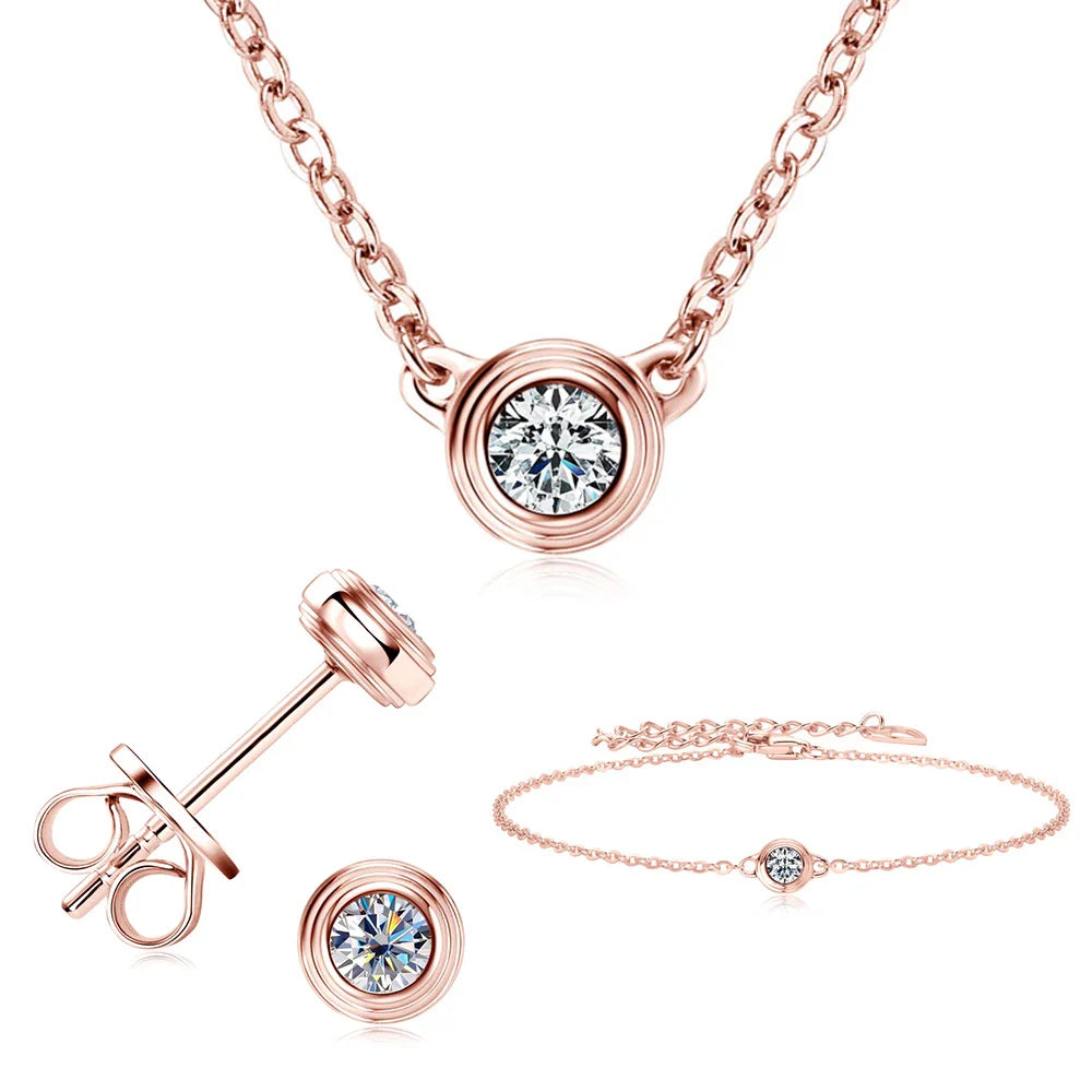 3mm Moissanite Jewelry Set 925 Sterling Silver Necklace Bracelet Stud Earrings Rose Gold Colored Silver