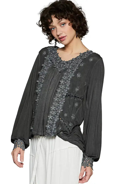 POL Floral Embroidery Woven Top with Lace Trim Black