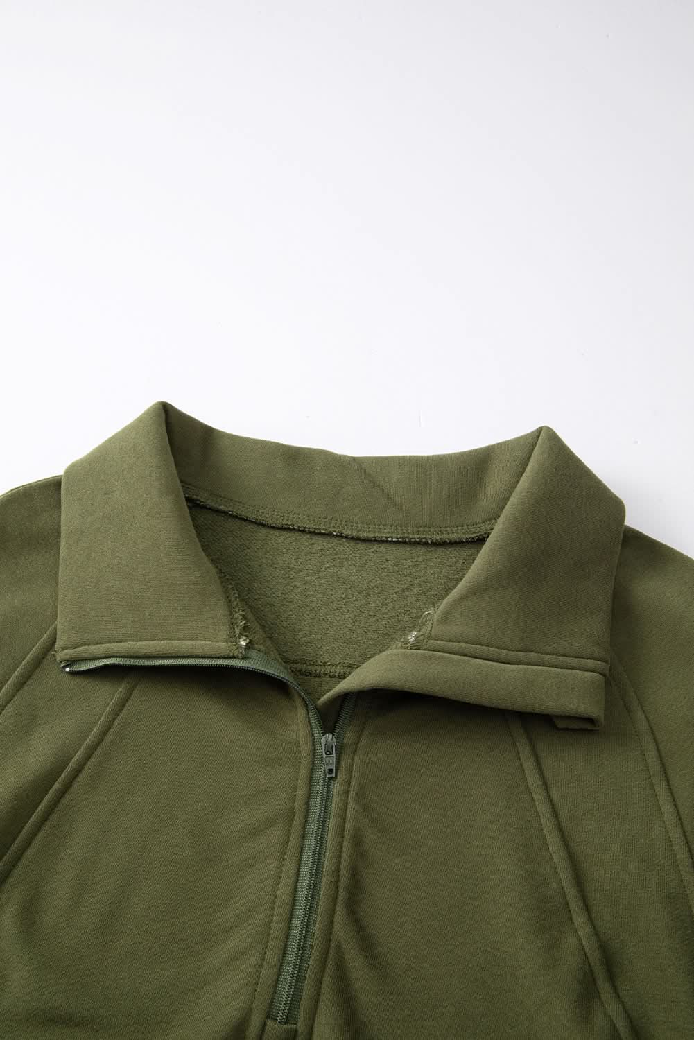 Green Zip Stand Collar Ribbed Thumbhole Sleeve Sweatshirt