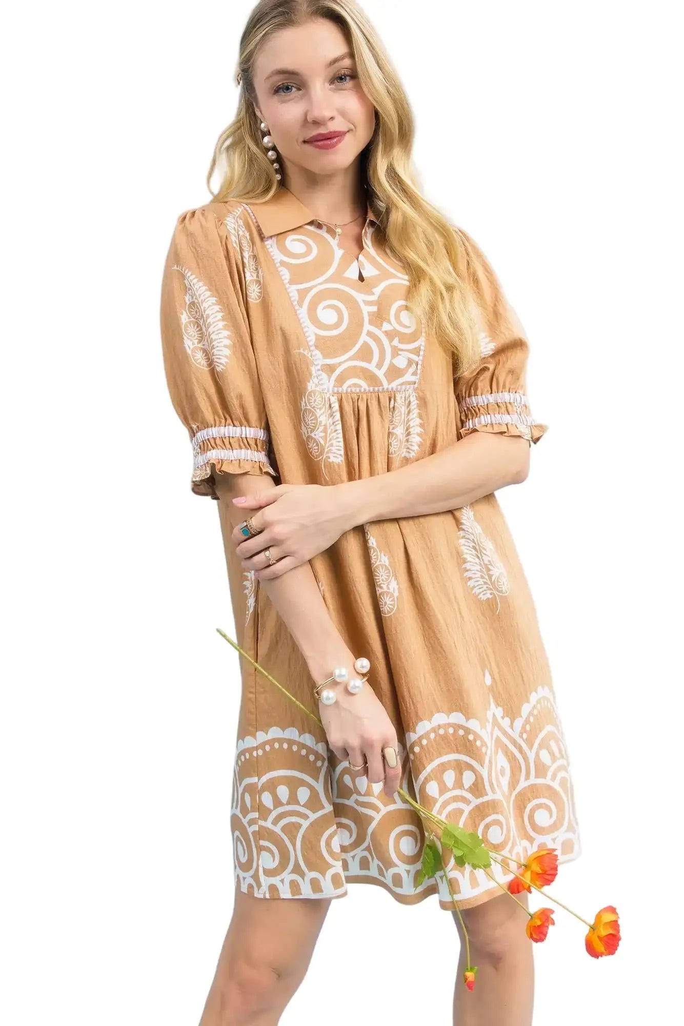 Umgee Paisley Mandala Print Babydoll Dress LATTE