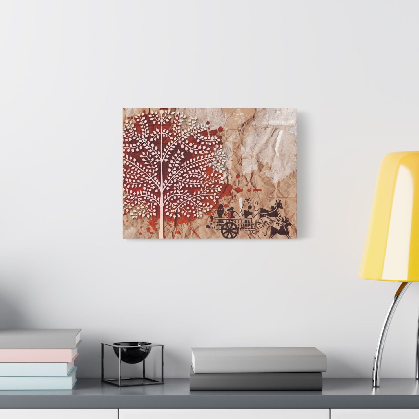 Artistic Stretched Tribal Canvas Wall Art, Rustic Home Decor, Nature-Inspired Art, Tree and Cart Design, Unique Gift for Art Lovers