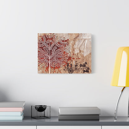 Artistic Stretched Tribal Canvas Wall Art, Rustic Home Decor, Nature-Inspired Art, Tree and Cart Design, Unique Gift for Art Lovers