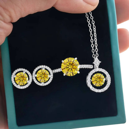 4Ct D Color Moissanite 925 Sterling Jewelry Set Ring Necklace Earrings gold yellow