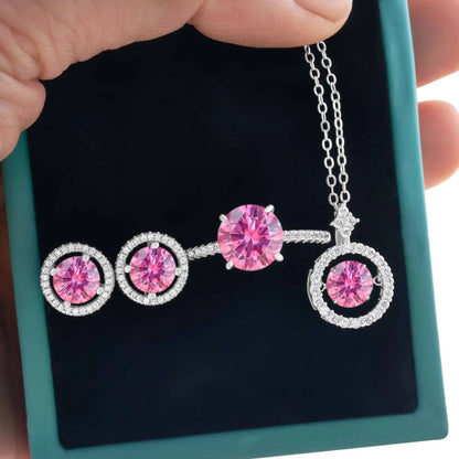 4Ct D Color Moissanite 925 Sterling Jewelry Set Ring Necklace Earrings pink