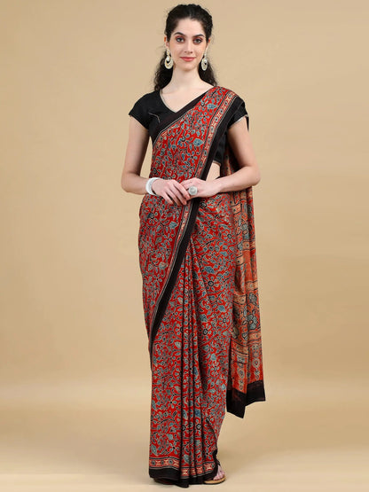 Rust Red Floral Hand Block Print Ajrak Saree with Black Border