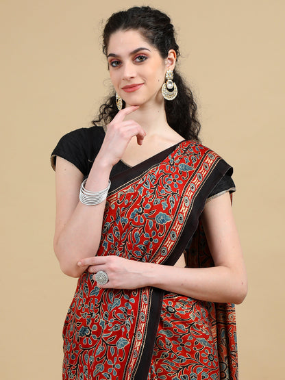 Rust Red Floral Hand Block Print Ajrak Saree with Black Border