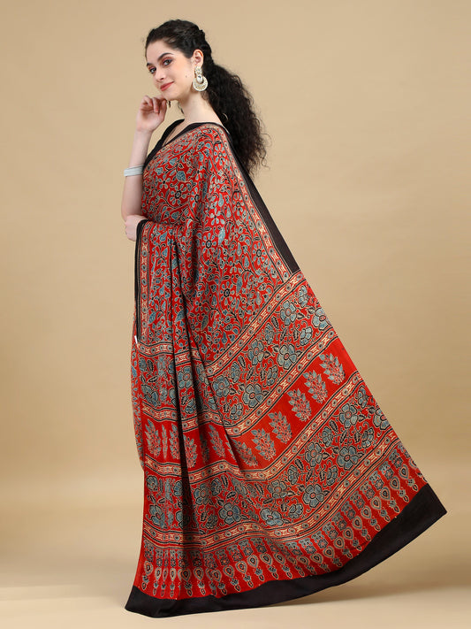 Rust Red Floral Hand Block Print Ajrak Saree with Black Border