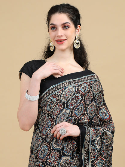 Hand Block Printed Ajrak Black Modal Silk Saree