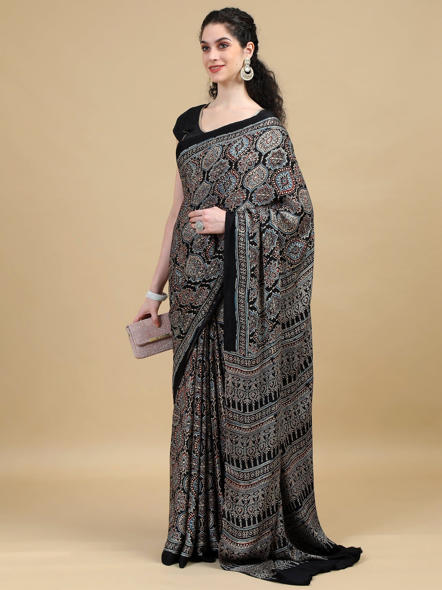Hand Block Printed Ajrak Black Modal Silk Saree