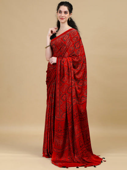 Ajrak Red Hand Block Printed Modal Silk Saree