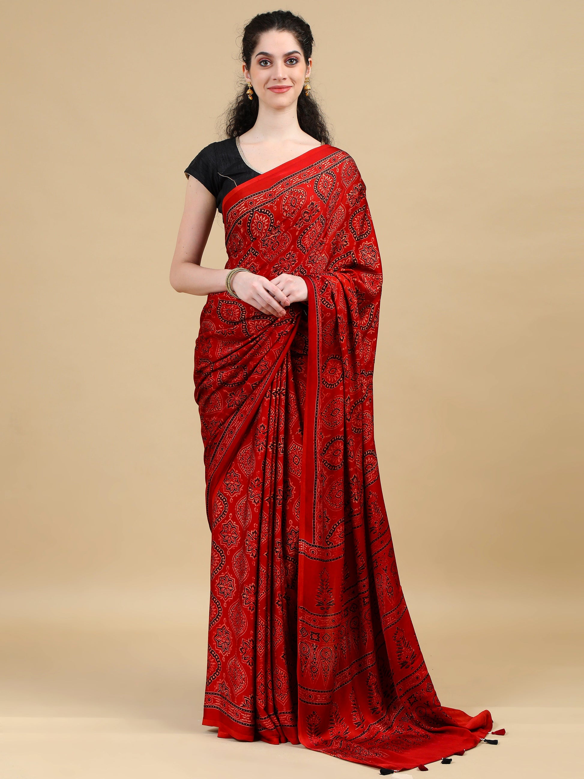 Ajrak Red Hand Block Printed Modal Silk Saree
