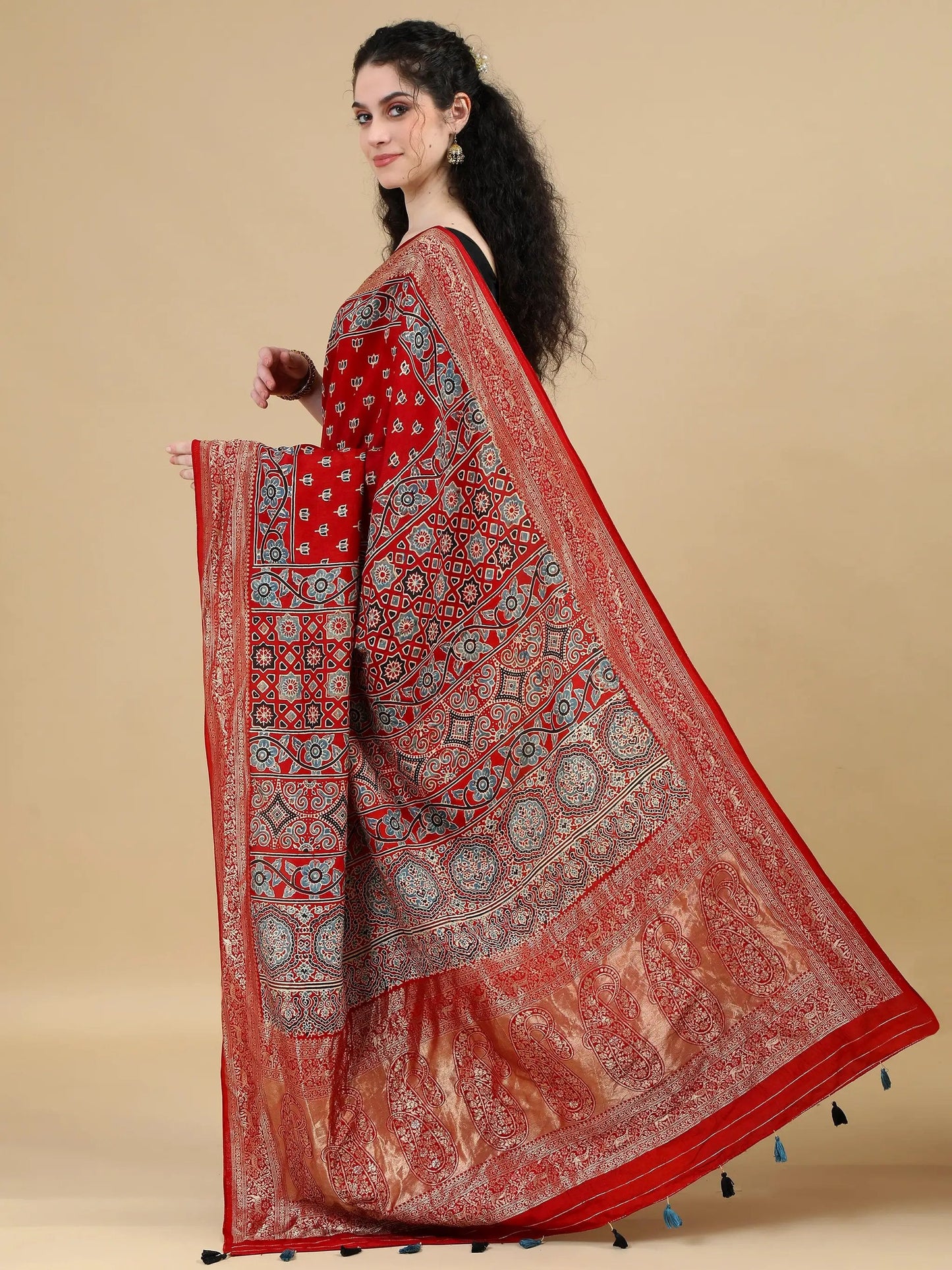 Red Hand Block Printed Ajrak Saree in Dola Silk