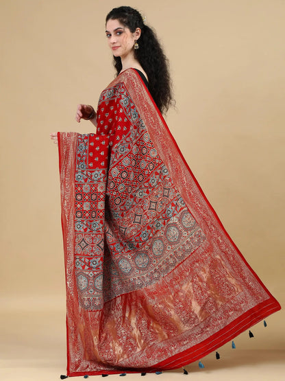 Red Hand Block Printed Ajrak Saree in Dola Silk