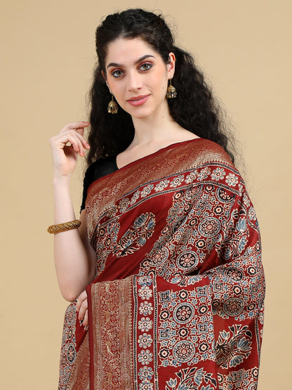 Ajrak Hand Block Printed Maroon Red Dola Silk Saree with Zari Border