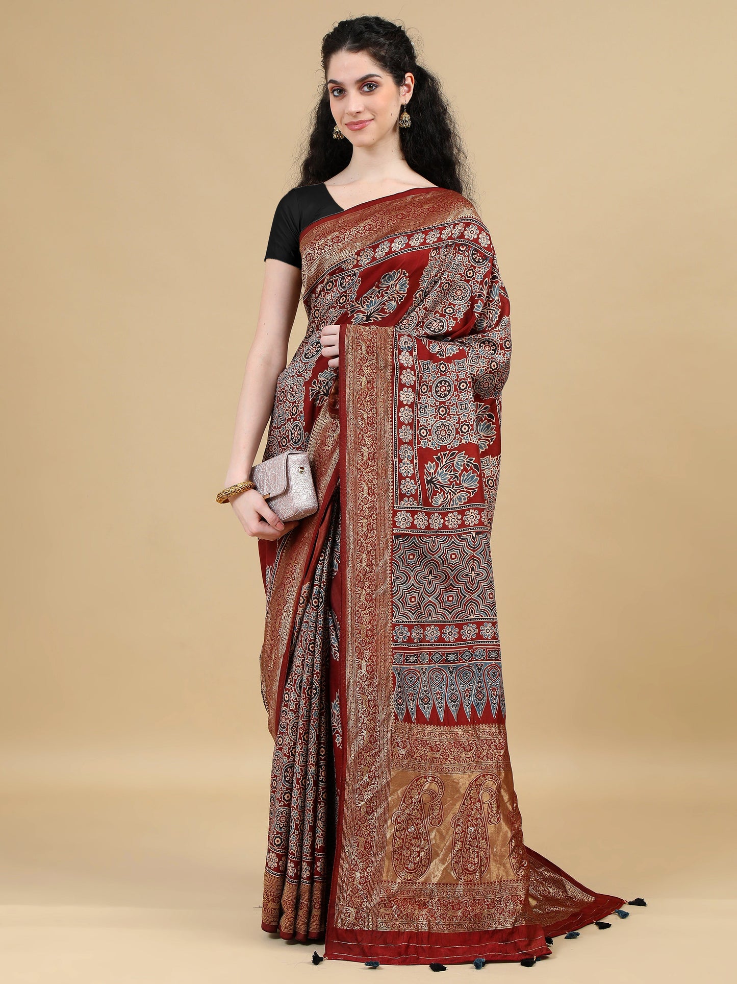 Ajrak Hand Block Printed Maroon Red Dola Silk Saree with Zari Border