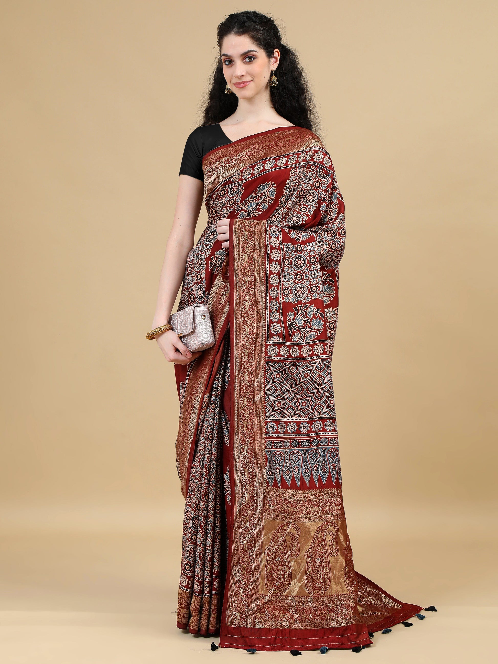Ajrak Hand Block Printed Maroon Red Dola Silk Saree with Zari Border