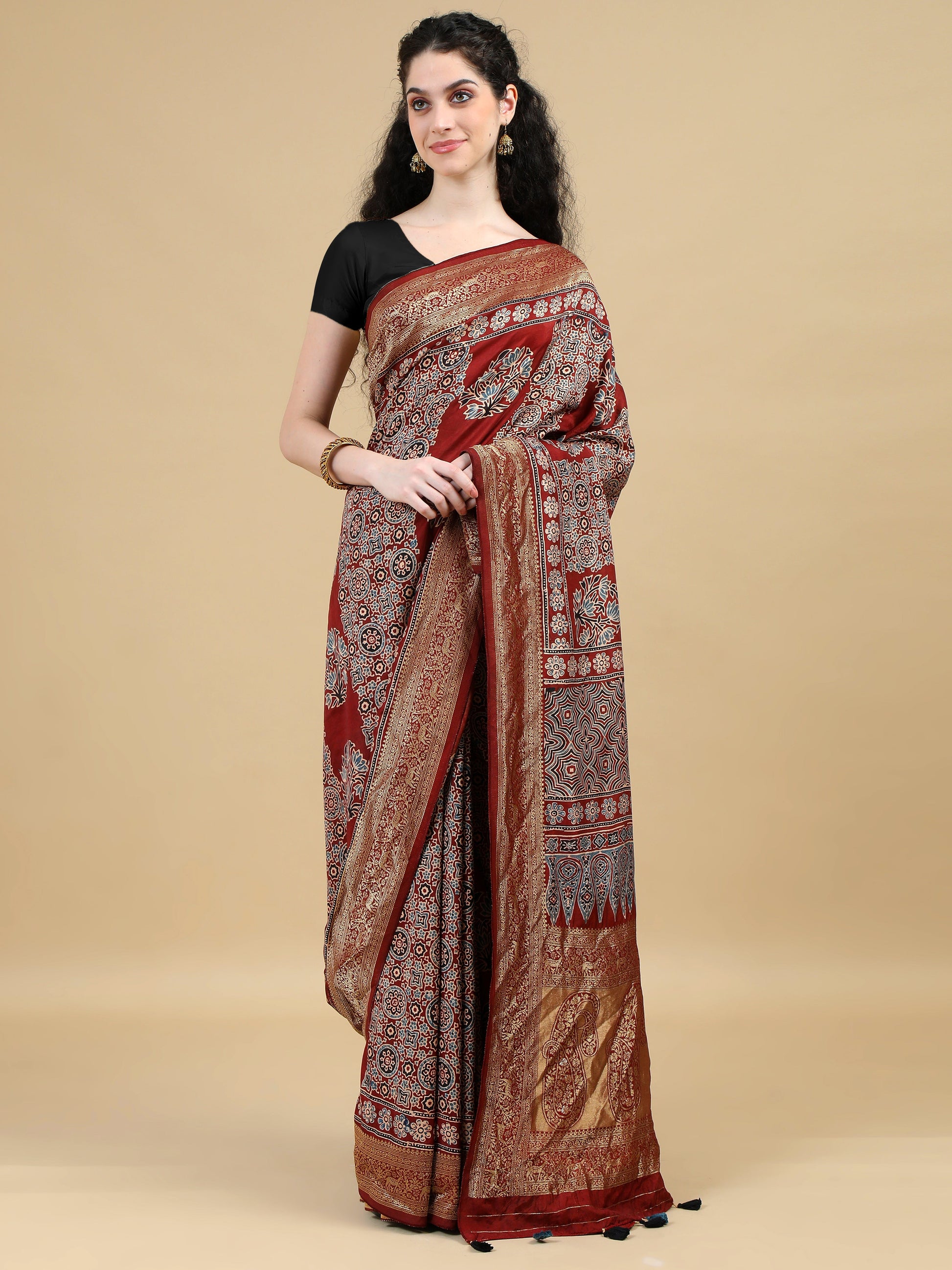 Ajrak Hand Block Printed Maroon Red Dola Silk Saree with Zari Border