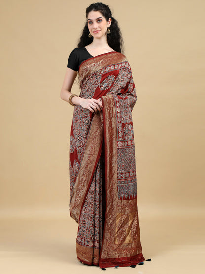 Ajrak Hand Block Printed Maroon Red Dola Silk Saree with Zari Border
