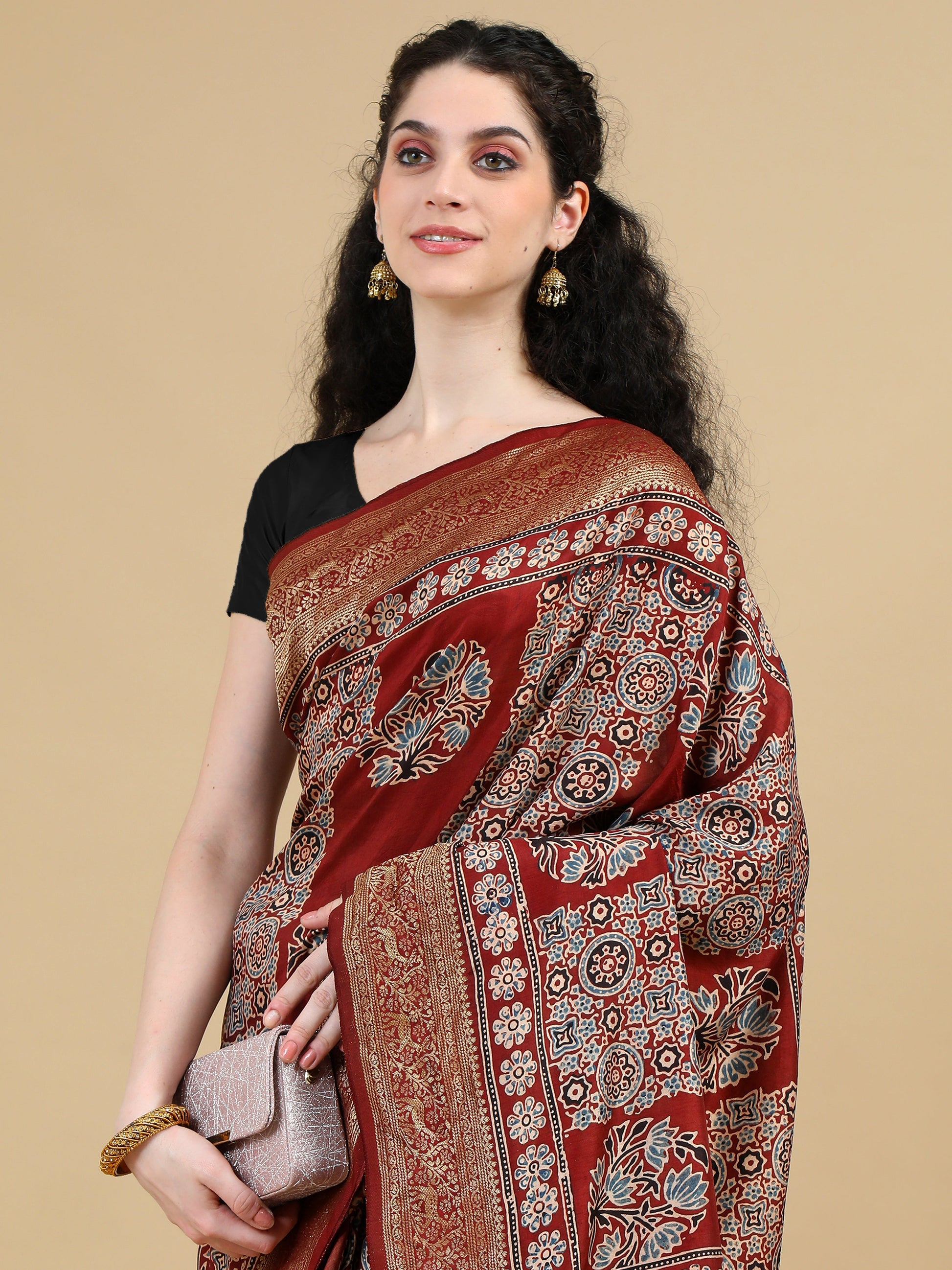 Ajrak Hand Block Printed Maroon Red Dola Silk Saree with Zari Border