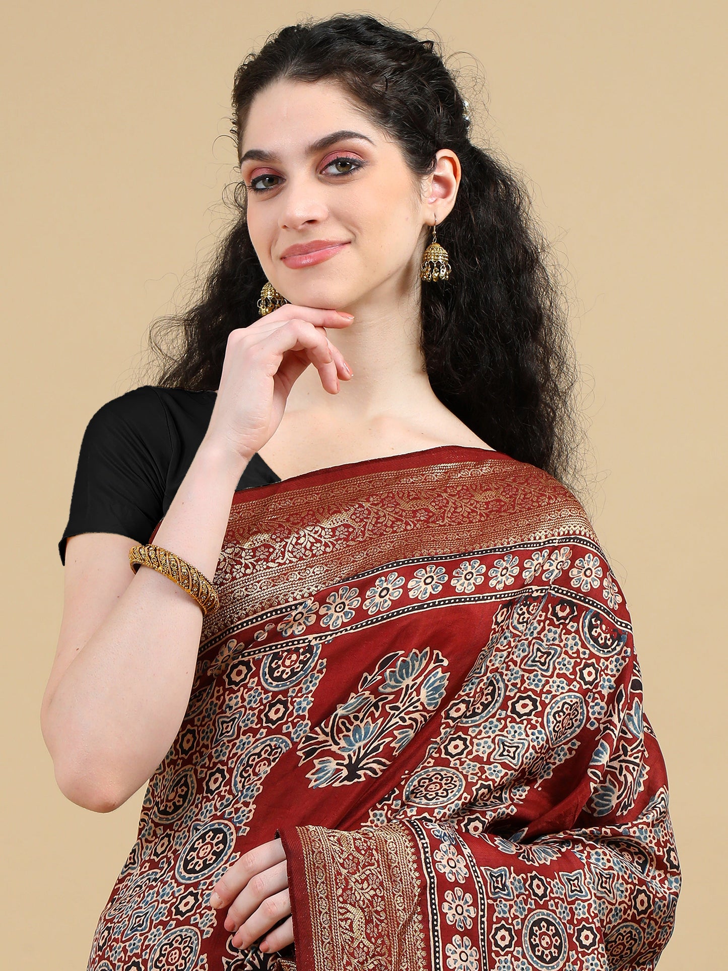 Ajrak Hand Block Printed Maroon Red Dola Silk Saree with Zari Border