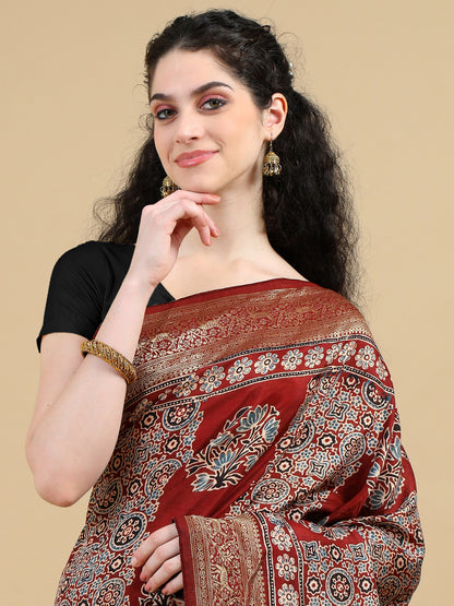 Ajrak Hand Block Printed Maroon Red Dola Silk Saree with Zari Border