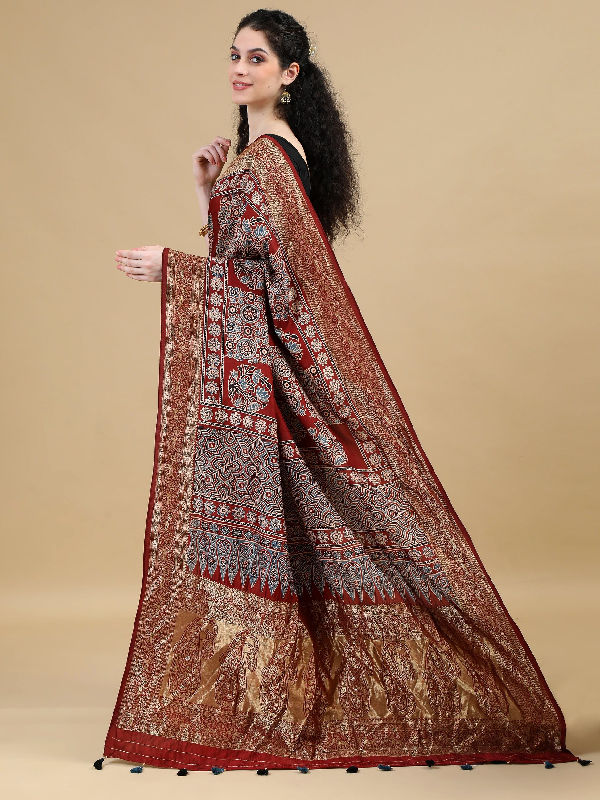 Ajrak Hand Block Printed Maroon Red Dola Silk Saree with Zari Border