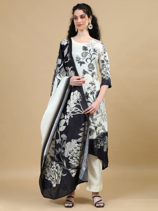 White & Black Monochrome Floral Print Kurta Suit