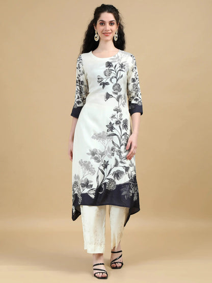 White & Black Monochrome Floral Print Kurta Suit