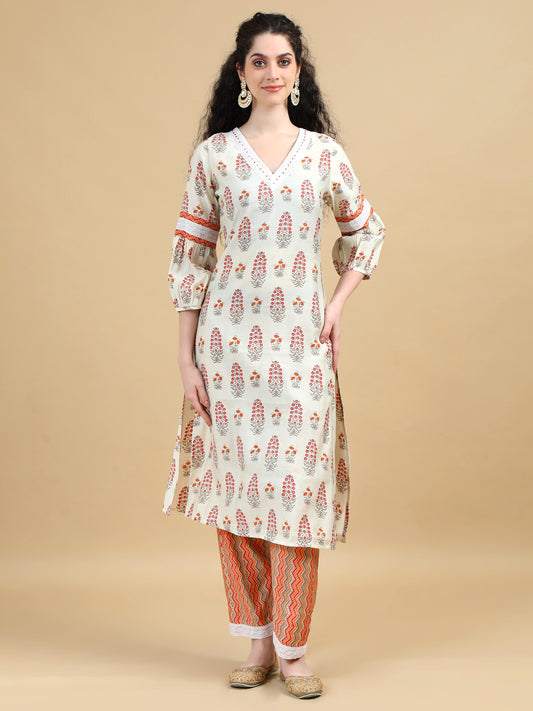 Elegant Floral Print Off-white Kurti Set