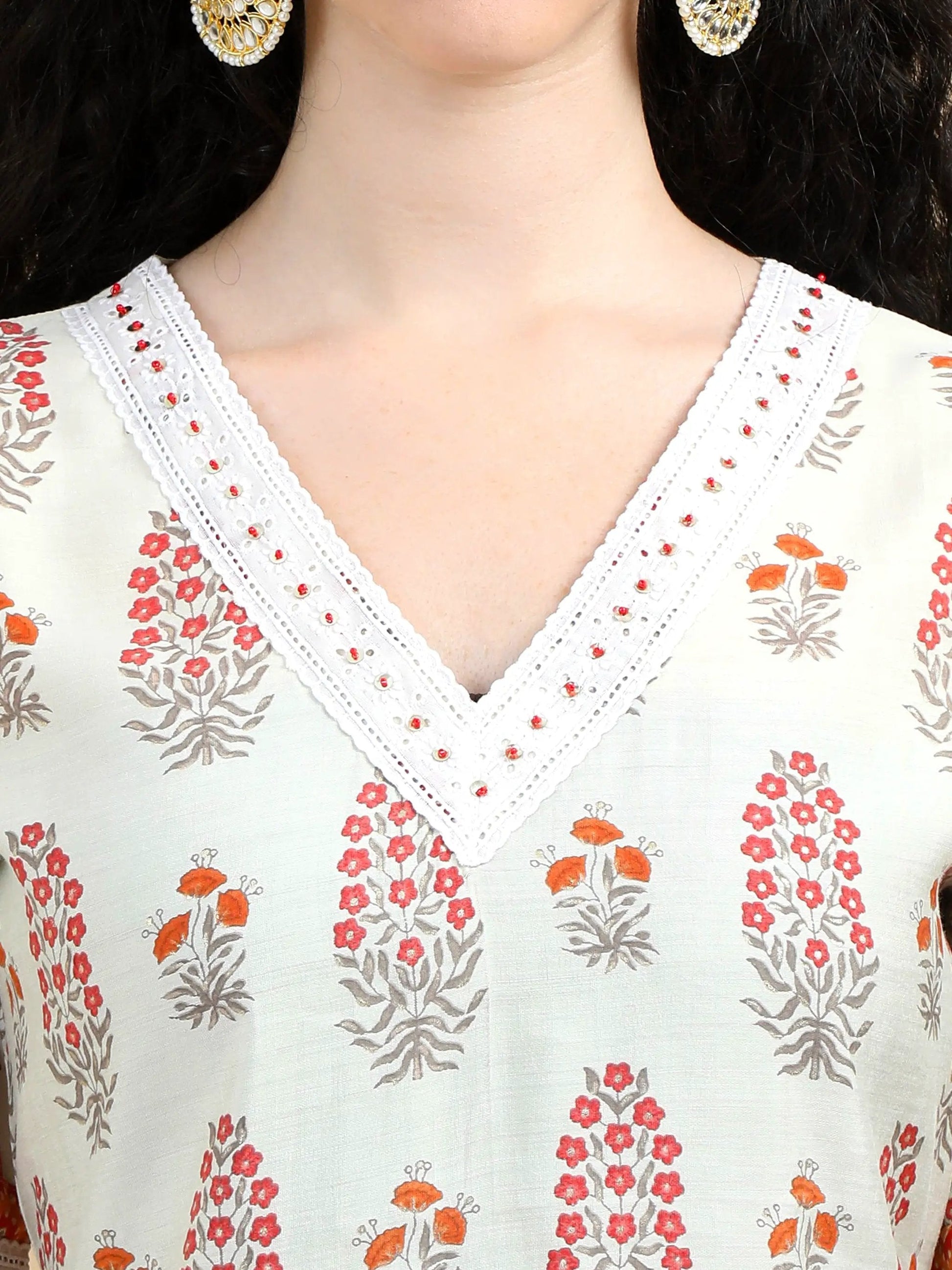 Elegant Floral Print Off-white Kurti Set