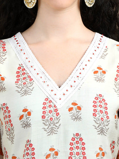 Elegant Floral Print Off-white Kurti Set