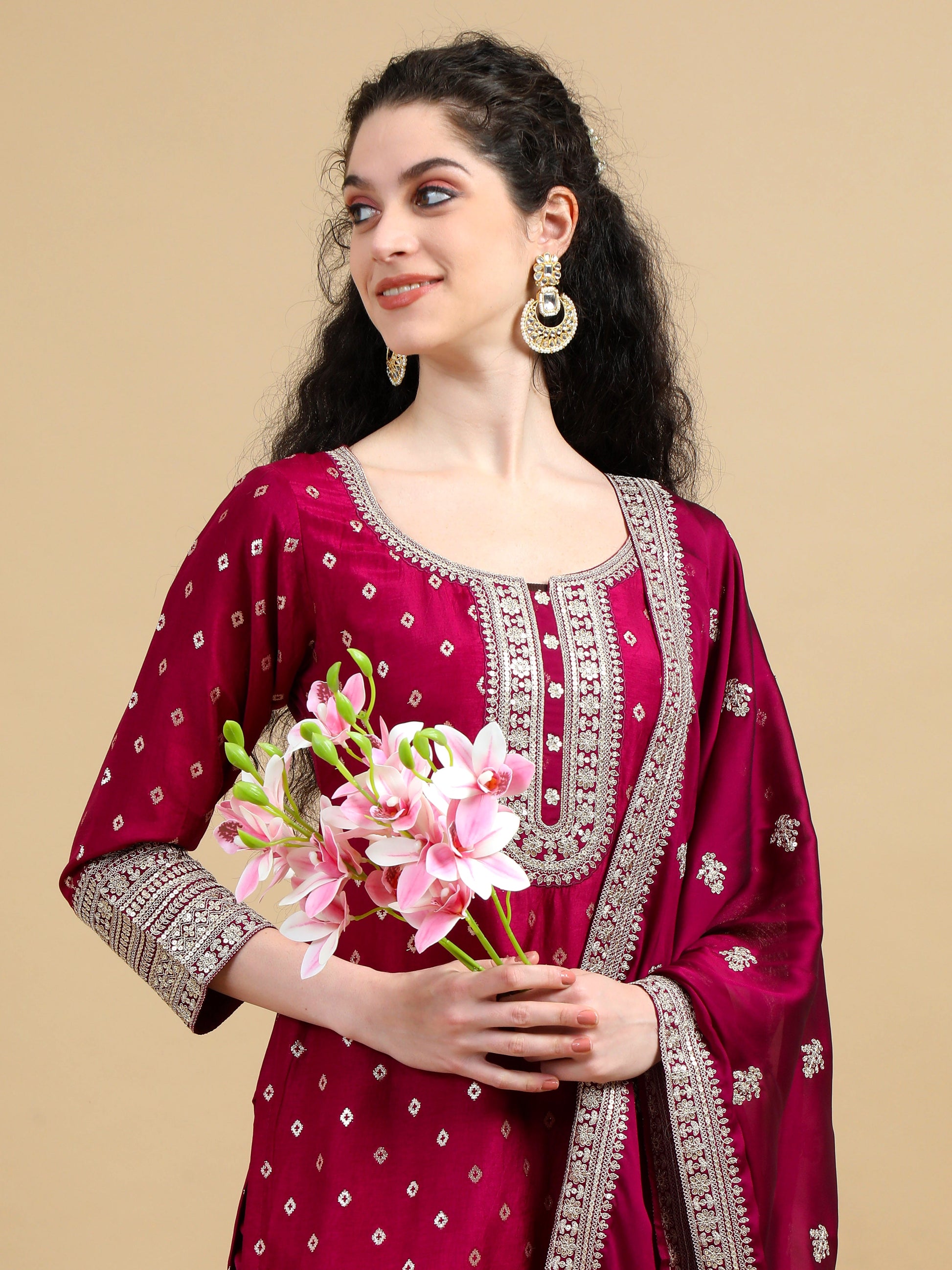 Royal Wine Kurta Suit with Gold motifs