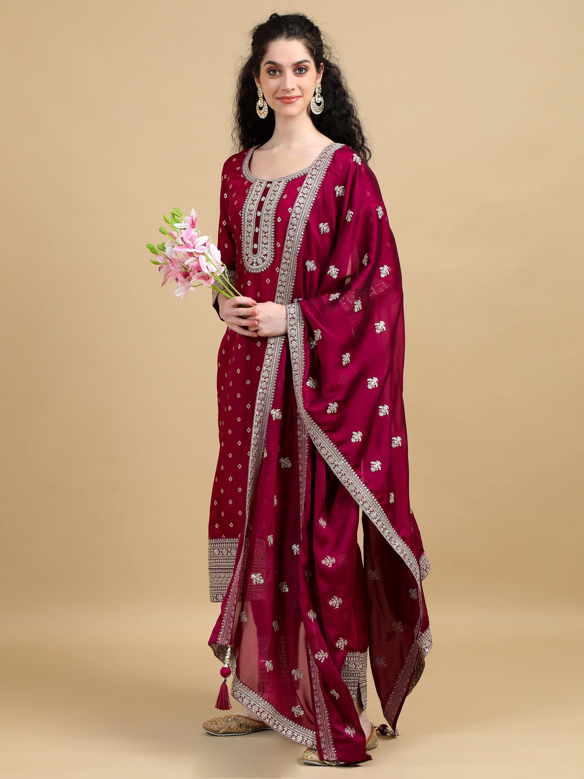 Royal Wine Kurta Suit with Gold motifs