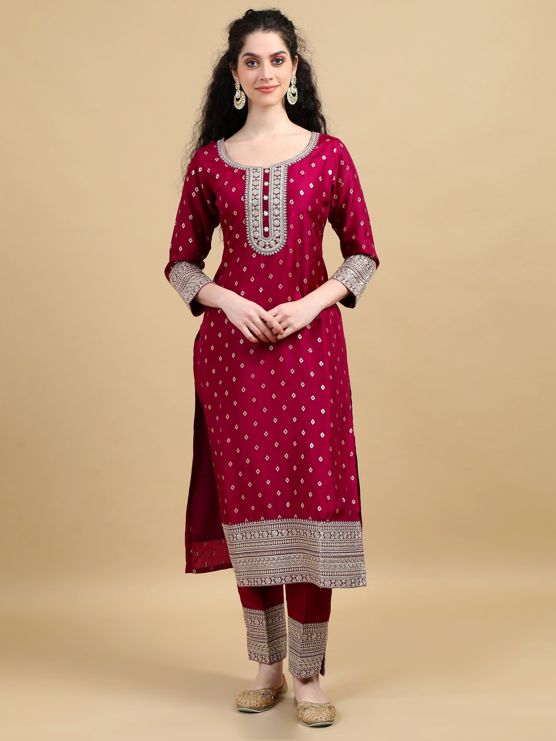 Royal Wine Kurta Suit with Gold motifs