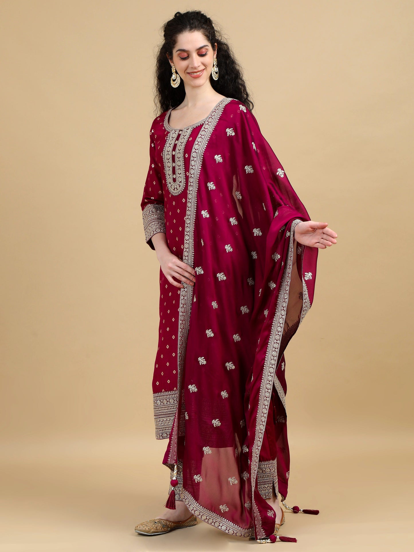 Royal Wine Kurta Suit with Gold motifs