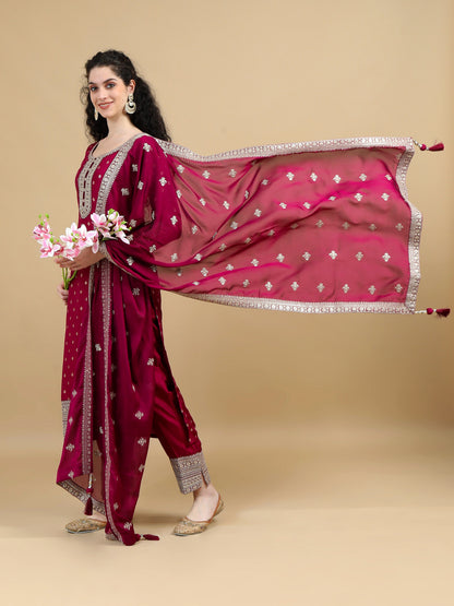 Royal Wine Kurta Suit with Gold motifs
