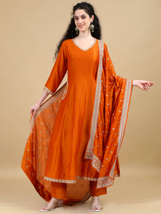 Radiant Rust Orange Anarkali Kurta Suit with Embroidered Dupatta